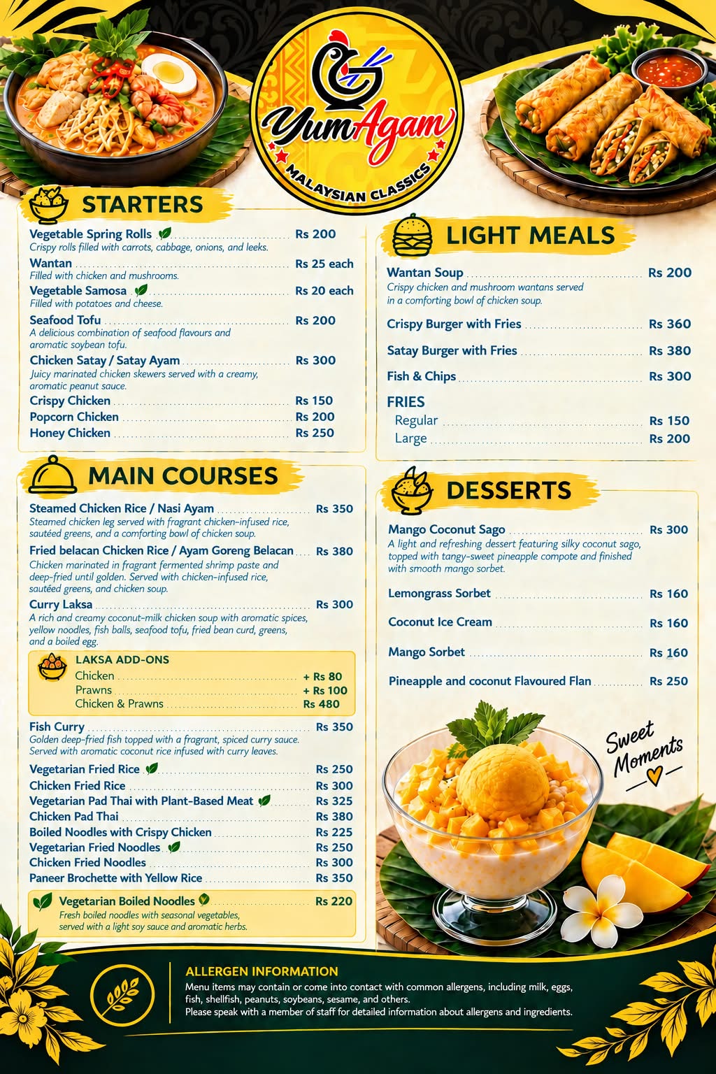 YumAgam Malaysian Classic menu with starters, light meals, main courses, desserts, prices, and allergen information